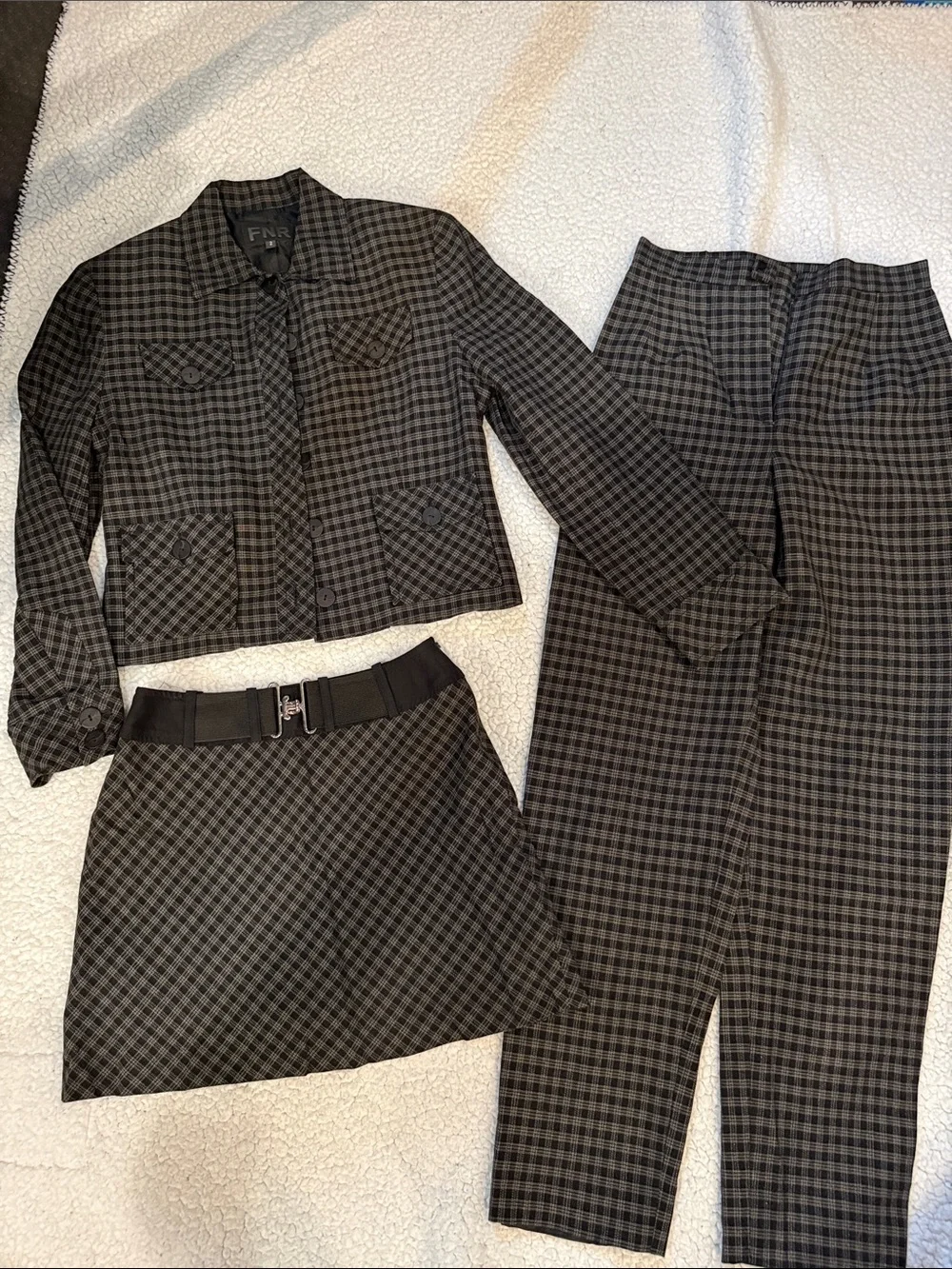 Women’s Gray & Black Checked 3-Piece Suit Set - Jacket, Pants  & Skirt